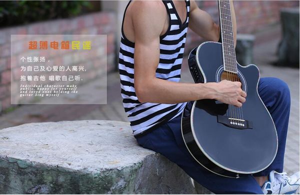 

красивая акустическая гитара 40 дюймов электрическая коробка супер тонкий корпус ствола черный начинающий практика деревянная гитара оптом