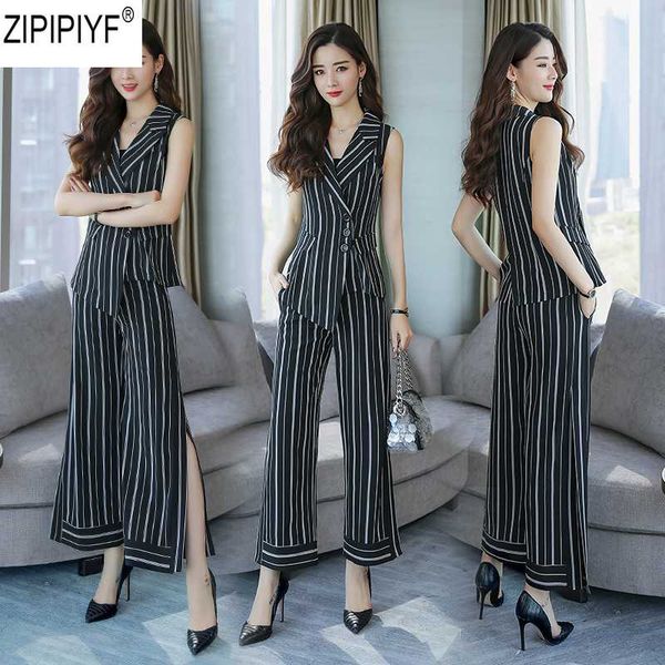 

2 piece set office lady 2018 summer new stripes turn down collar irregular vest + ankle-length wide leg pants suits c1409, White