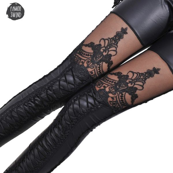 

1 leggings piece cuciture pizzo elasticizzato skinny leg faux leather solid black legins punk gothic fashion women pants