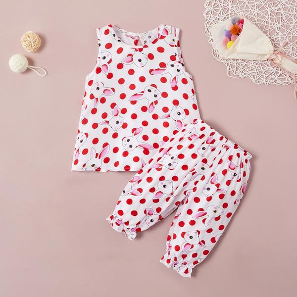 

cute dots print outfits girls kids sleeveless pants 2pcs clothes set, White