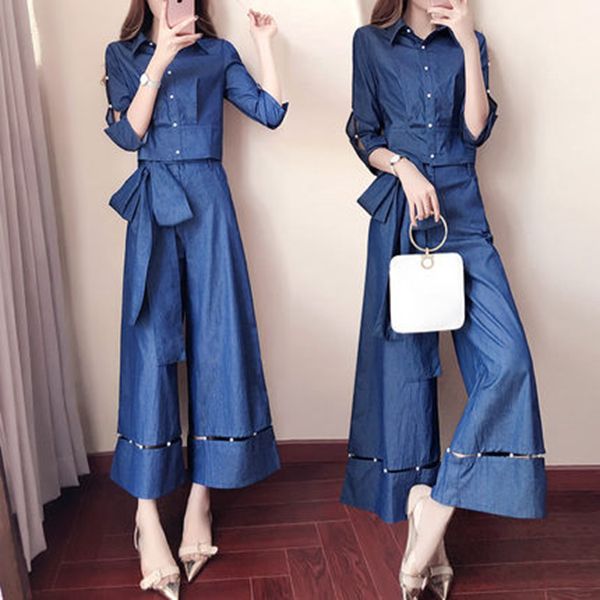 

spring jeans two piece set and pants wide leg trousers bowknot women's suit drawstring two piece set casual tracksuit women, Gray