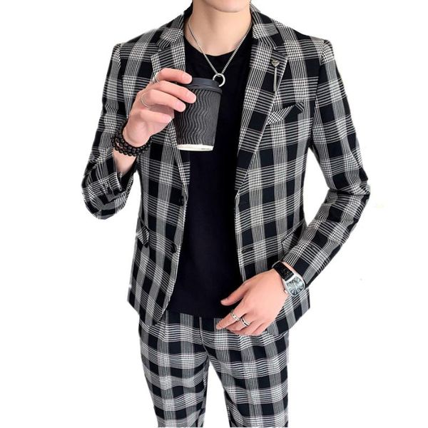 

new men's long sleeve suits 2020 fashion slim fit mens plaid blazer jacket and pants size s - xxxl business casual suit men, White;black