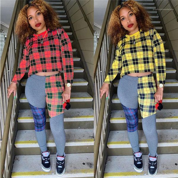 

шить контрастный набор круглый воротник с длинным рукавом мода женская одежда женские новые дизайнерские 2шт спортивные костюмы плед, Gray