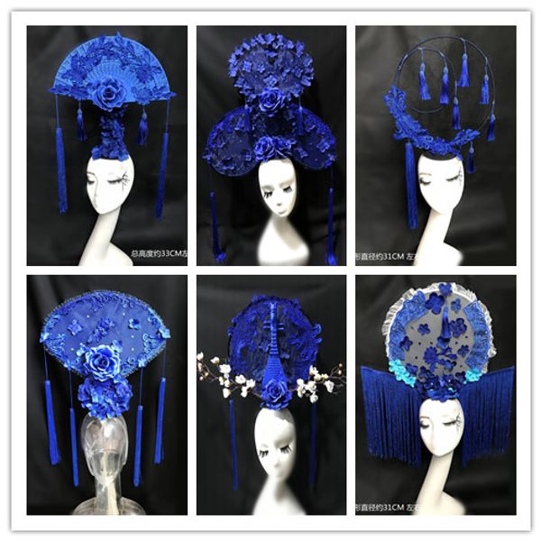 

chinese red blue porcelain series tire catwalk models match headdress exaggerated tire colour makeup modelling hair accessories