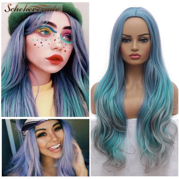 

scheherezade yellow grey blue synthetic wigs for women mix color long wavy cosplay wigs high temperature fiber, Black