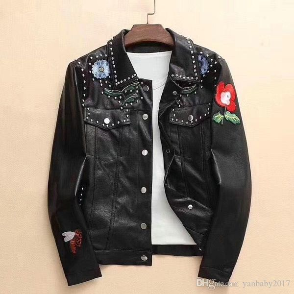 

metal brand winter 2019 designer men leather jacket coat lapel collar slim fit faux leather outerwear rivet men pu jackets for male m-3xl, Black
