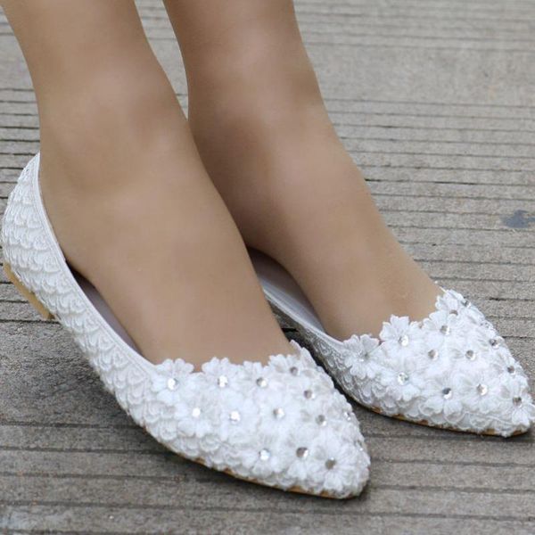

women white pearl wedding shoe lace floral crystal bridal flats pointed toe ladies slip on loafer luxury rhinestone flower shoes, Black