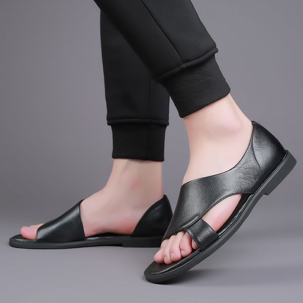 

лето мужчины сандалии qualit кожа мужская повседневная обувь мягкая пляжная обувь открытый тапочки комфортная мужчины обуви zapatos hombre, Black