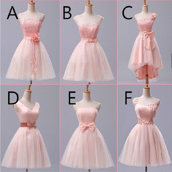 

2019 Newest Pink Lace Chiffon Short Bridesmaid Dresses With Bow Strapless Party Dress A-F 6 Style Mixed Order Custom Made