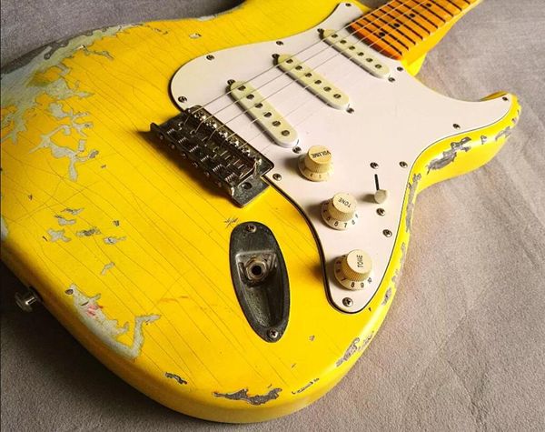 

2022 cu tom 100 handwork yellow trat heavy relic t electric guitar vintage chrome hardware yellow aged neck nitrolacquer paint