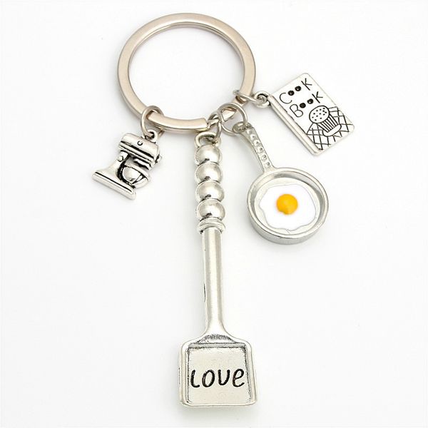 

chef cooking omelette shovel cookbook coffee machine charm keychain baking cooking recipe pastry keyring creative jewelry friend gift, Slivery;golden
