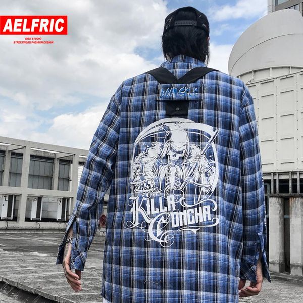 

aelfric detachable plaid demon print mens shirts streetwear 2019 hip hop fashion harajuku casual male long sleeve oversized, White;black