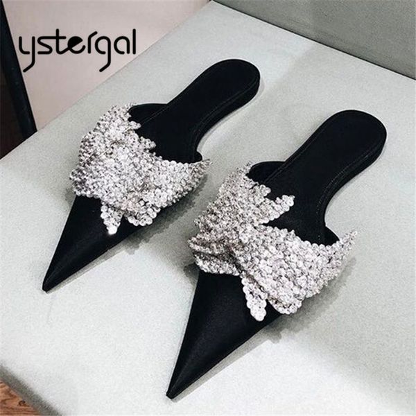 

ystergal black satin women slippers pointed toe mules crystal flat shoes woman loafers outside footwear ladies flats dress shoes