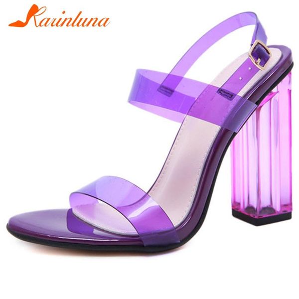 

karin 2020 new design pvc square high heels summer sandals woman shoes open toe buckle strap dropship shoes women sandals, Black