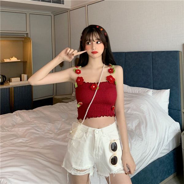

crop vintage flower spaghetti strap korean style fashion brand women clothing tanks camis summer new tees hot, White