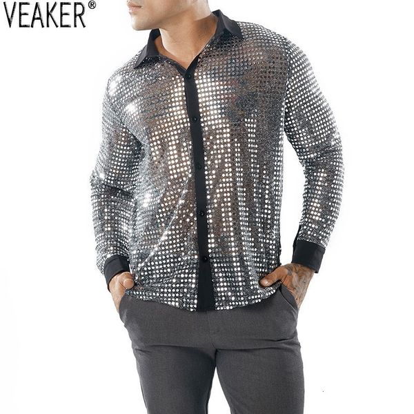 

nieuwe mannen sequin transparant shirt zwart see through shirt mannelijke lange mouw nachtclub shiny gold s-2xl, White;black