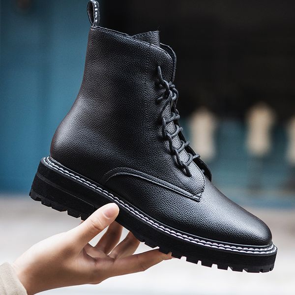 

times new roman flat platform boots women shoes autumn winter fashion round toe lace-up leather black white boots ladies shoes