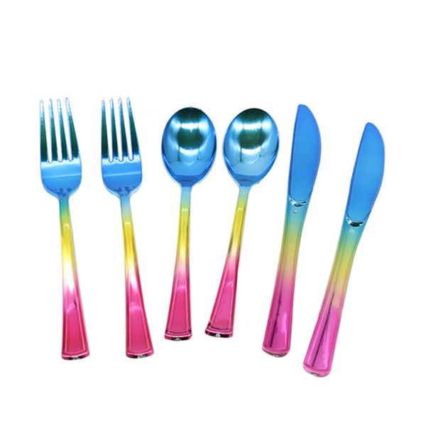 

full set of disposal steel knife fruit fork tableware p.s plastic uv coating rainbow color combination set western food holiday party 0097