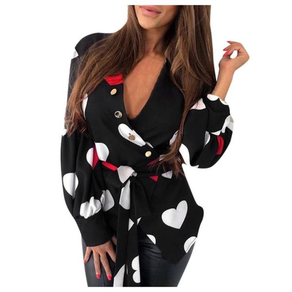

office blouse shirt spring love print long sleeve turn-down collar sashes casual loose spring fashion blouses #yj2, White