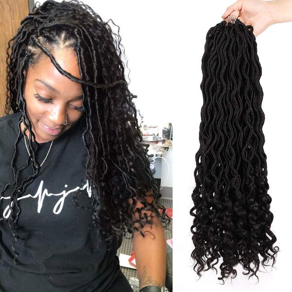 

20 inch 1b# goddess locs faux locs crochet hair wavy with curly ends twist goddess faux locs soft synthetic braiding hair extension, Black