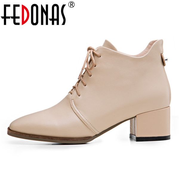 

fedonas new fashion warm spring autumn women ankle boots genuine leather cross-tied party shoes woman square heels, Black