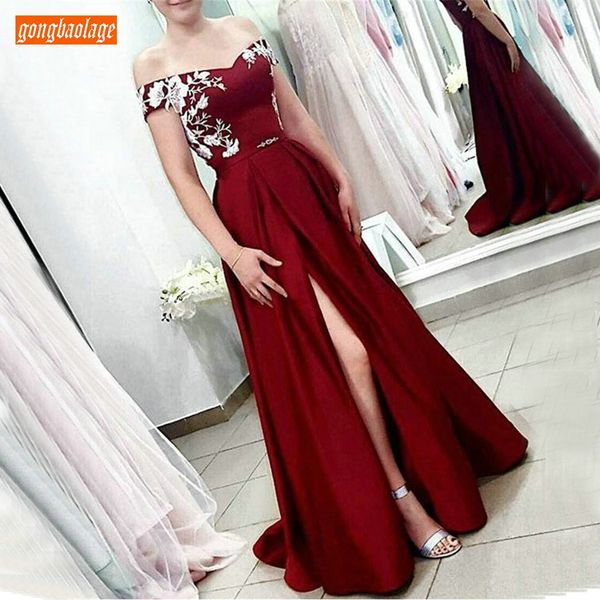 

graceful burgundy satin formal party evening gowns long lace appliques high split evening dresses off shoulder a line prom dress, White;black