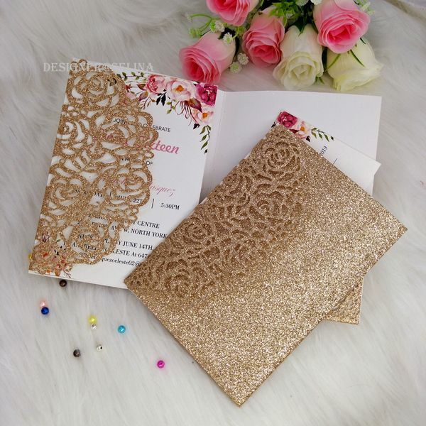 

Ro e gold la er cut pocket wedding invitation card diy glitter invitation for quinceanera birthday weet 16th invite hipped by dhl