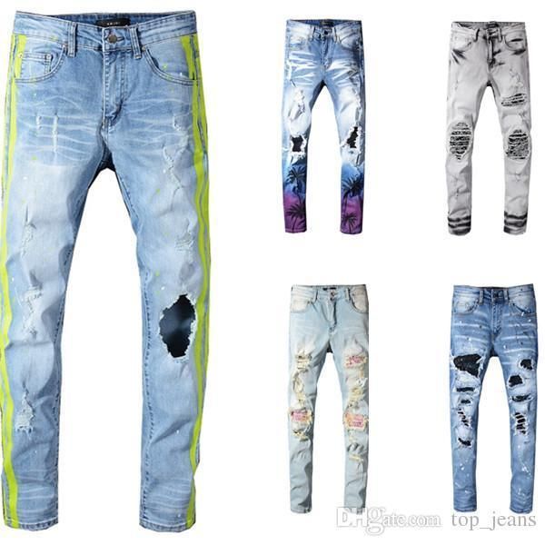 

узкие джинсы для мужчин рваных отверстий жана мотоцикл байкер джинсовых брюки мужчина марк модельер hip hop мужские джинсы, Blue