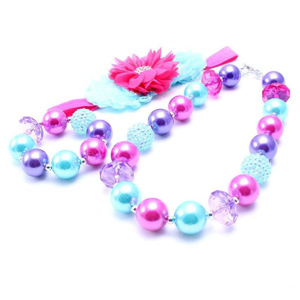 Розовый фиолетовый + NecklaceBracelet оголовье 3шт Set Birthday Party подарка Малыши Девочки Bubblegum Детские Дети Коренастый ожерелье ювелирных изделий