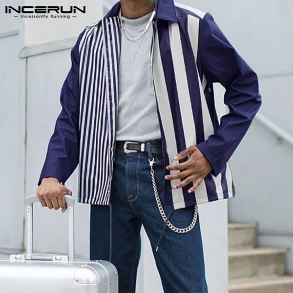 

streetwear men patchwork stripe long sleeve lapel shirt fashion baggy comfort button mens casual blouse camisa masculina incerun, White;black