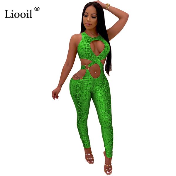 

liooil snake print cut out tight jumpsuits clubwear fall sleeveless o neck green party bodycon rompers womens jumpsuit t200107, Black;white