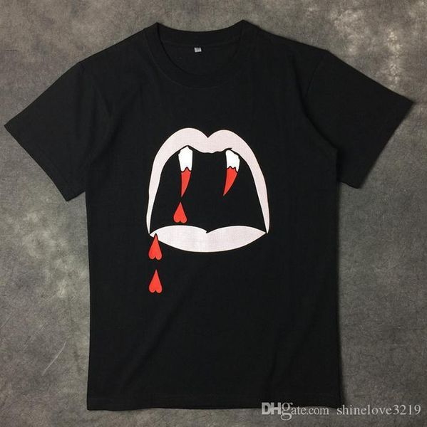 

european2017 кровь вампир зубы зубы вампира футболка тройник правый zhilong тот же пункт хлопок повседневная свободная футболка, White;black