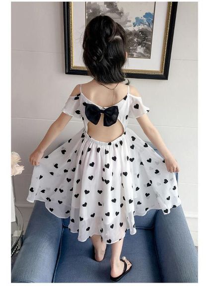 

fashion summer teen slip off shoulder dresses girls backless chiffon dresses baby girl beach mid-calf white love print clothes, Red;yellow