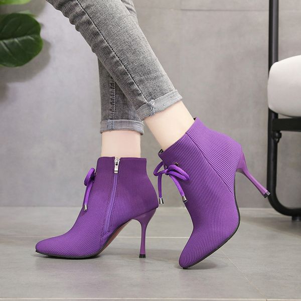 

2019 women strecth boots stiletto high heels bow side zipper ladies ankle boot elastic cloth pointed shoes woman purple, Black