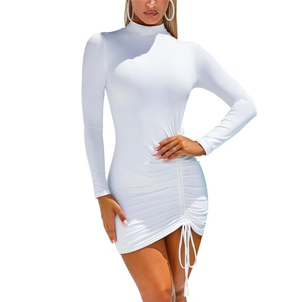

ruched bodycon mini dress women clothes fall 2020 long sleeve o neck lace up draped tight dresses woman party night, Black;gray