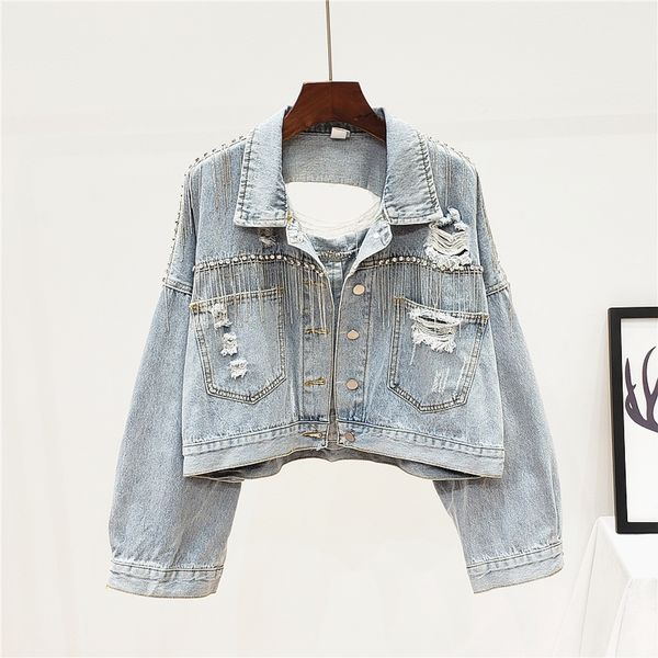 

2019 new hole-encrusted tassel wild short denim jacket female, Black;brown