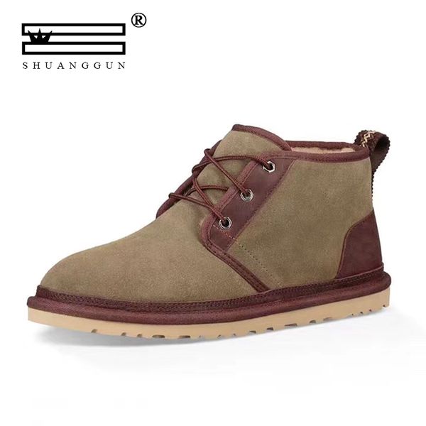 

shuanggun fashion snow boots for men lace-up winter shoes real sheepskin leather nature wool fur ankle short boots, Black