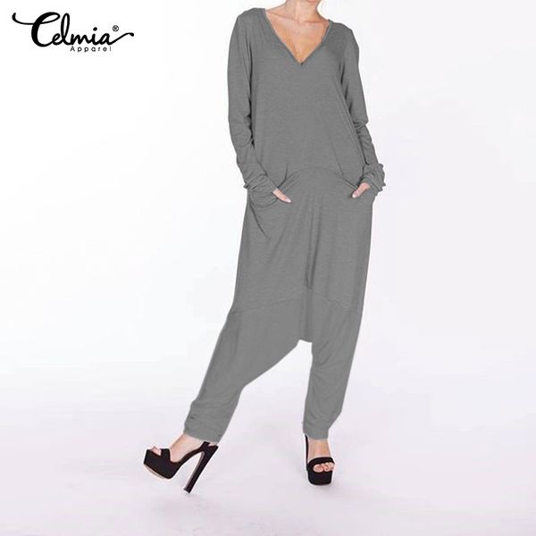 

women's jumpsuits & rompers celmia 2021 autumn women long sleeve solid loose pockets casual v-neck pleated playsuits wide leg pants, Black;white