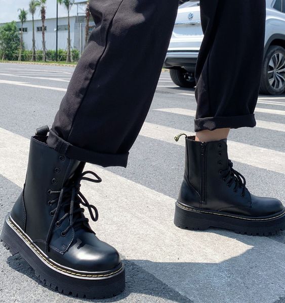 

winter women's boots women's round leather boots and tight belt thick ankle, Black