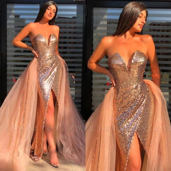 

2020 rose gold split side high prom dresses sweetheart with removable train evening gowns bc4055, Black