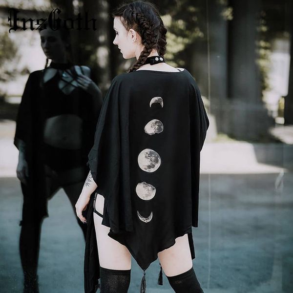 

insgoth black capes coat vintage moon print gothic loose women batwing duplex shawl long sleeve cape autumn female outerwear, Blue;gray