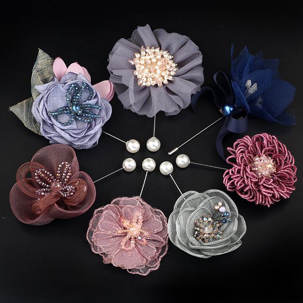 

fashion cloth art silk yarn fabric flower brooch crystal net rose lapel pins and brooches coat wedding bridge women accessories, Gray