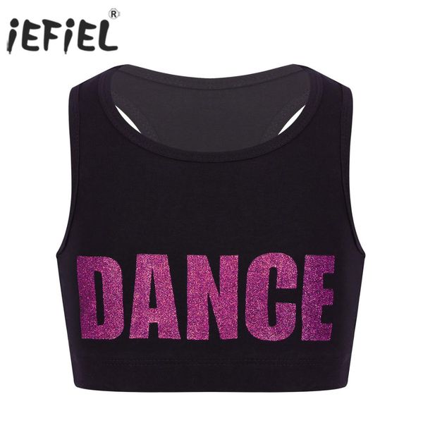 

kids girls racer back shiny letters dance printed crop bra for gymnastics leotard costume dance stage performance, Black;red