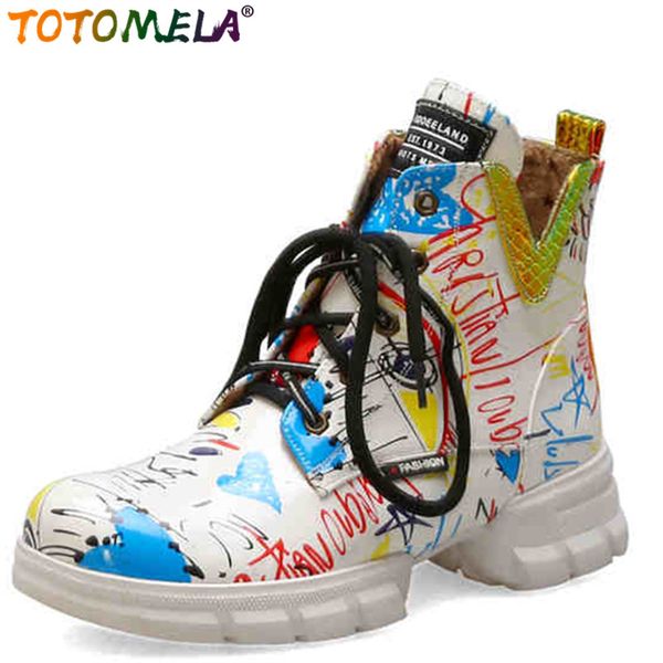 

totomela size 34-43 new graffiti print ankle boots women round toe lace up casual shoes autumn winter shoes girls boots woman, Black