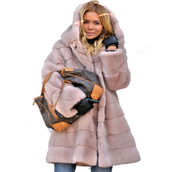 

roiii long sleeve hooded pink faux fur coat thicken warm winter jackets coat 2018 fashion streetwear women long parka outerwear, Black
