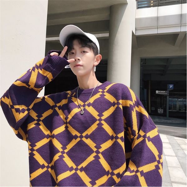 

winter new sweater men warm fashion plaid casual o-neck knit pullover man streetwear wild loose sweater male clothes -2xl, White;black