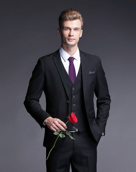 Ternos masculinos pretos slim fit, roupa de baile, casamento, noivo, 3 peças (jaqueta + calça + colete), ternos de noivo, melhor homem, blazer