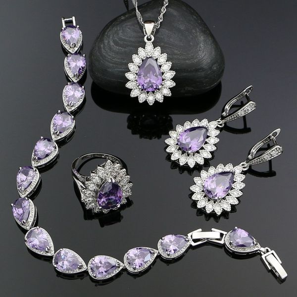 

water drop 925 silver bridal jewelry sets for women purple cubic zirconia earrings pendant necklace ring bracelet
