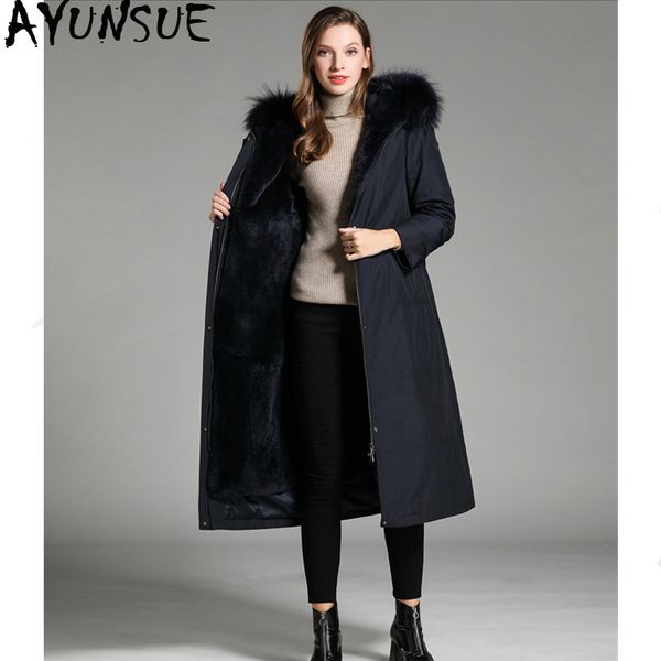 

ayunsue real fur coat female natural fur liner parka winter jacket women raccoon collar korean long jackets my3885, Black