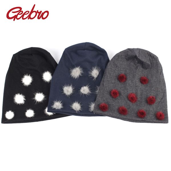 

geebro winter women's beanie hat with pompom plain cotton slouchy beanies with pompons skullies&beanies chapeau femme, Blue;gray